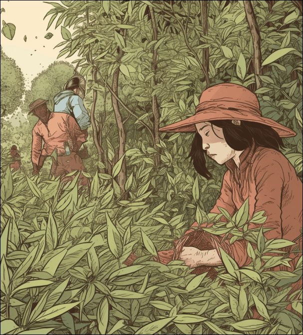 Illustration about a person working in a tea field
