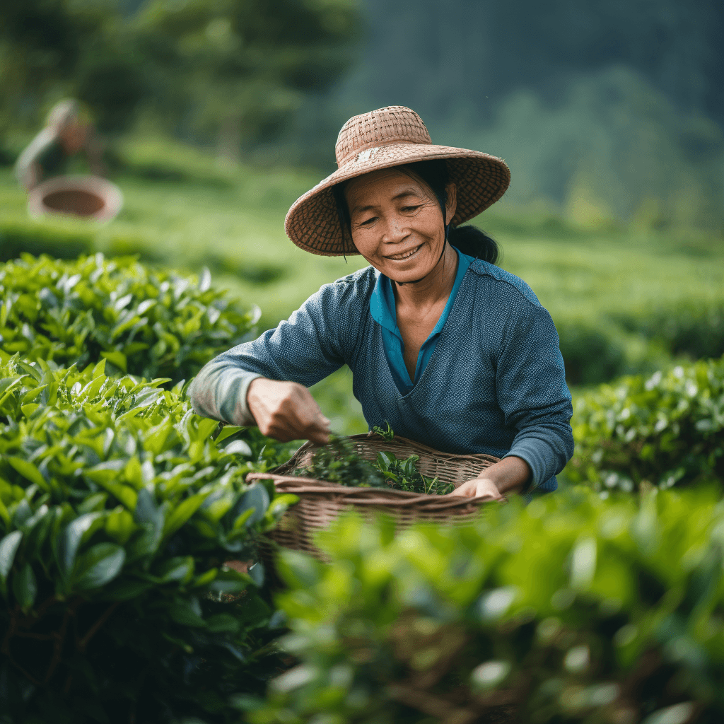 Image of tea plucking. A woman is plucking tea leaves.