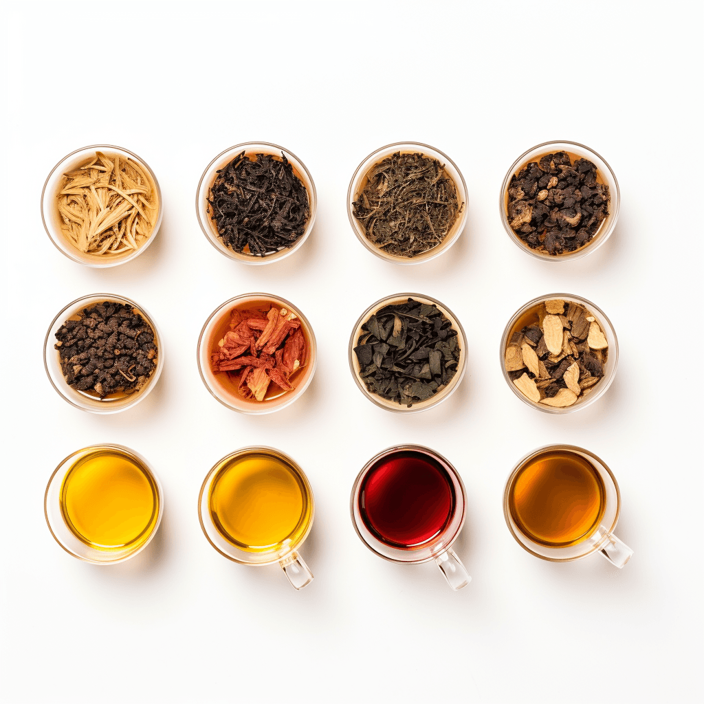 Image of different teas. Dried and as liquid.